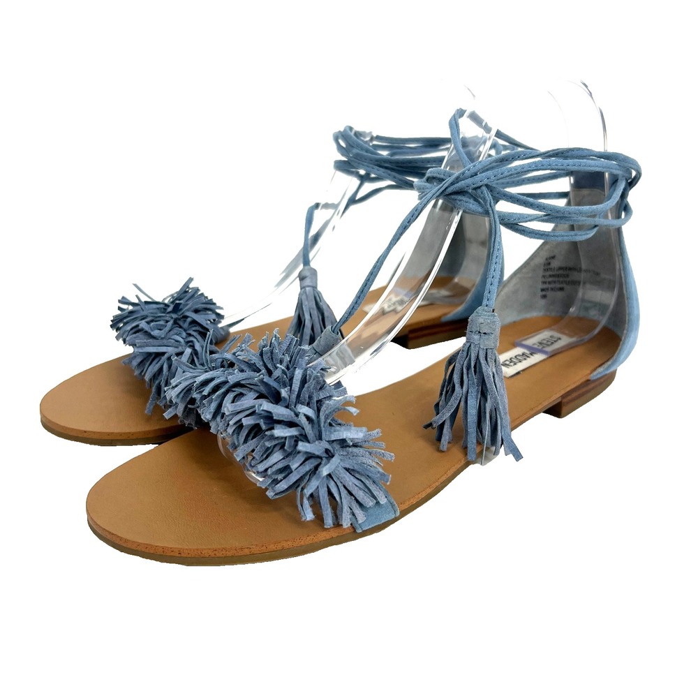 Steve Madden Light Blue Suede Tassel Lace-Up Flat Sandals